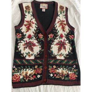 Vintage Crystal-Kobe Embroidered Floral Knit Vest Ramie Cottagecore S